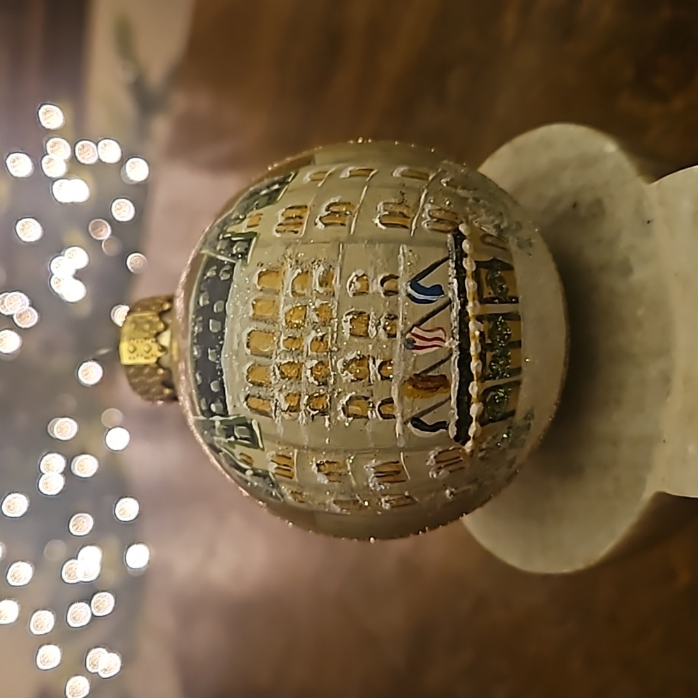 Hand painted glass New York City Plaza Hotel christmas ornament.